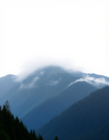 Mountain landscape with fog and coniferous forest in the foregroundの写真素材