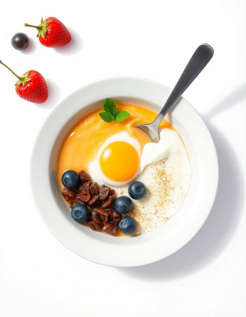 Breakfast with egg, berries and yogurt on white backgroundの写真素材