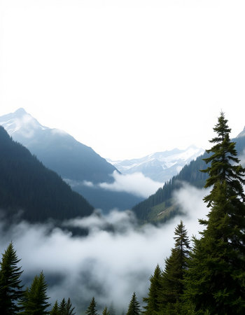 Beautiful mountain landscape with fog and coniferous forest in summerの写真素材