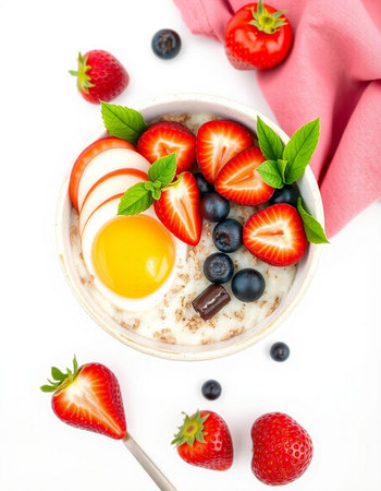 Oatmeal porridge with strawberry, blueberry and egg on white backgroundの写真素材
