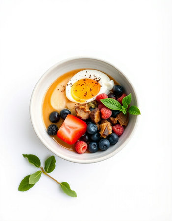 Breakfast bowl with omelet, berries and egg on white backgroundの写真素材