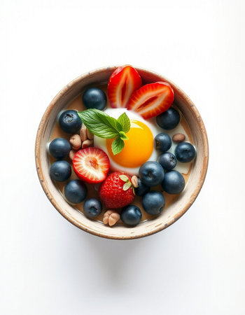 Bowl of oatmeal with fresh berries and egg on white backgroundの写真素材