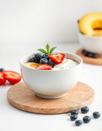Yogurt with fresh berries in a white bowl on a white backgroundの写真素材