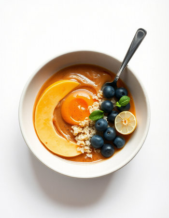 Pumpkin porridge with blueberries and honey in a bowlの写真素材