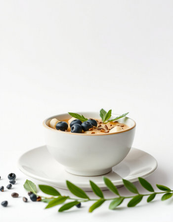 Bowl with granola and blueberries on white backgroundの写真素材