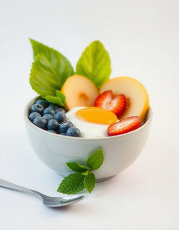 Yogurt with fruits and berries in a bowl on white backgroundの写真素材