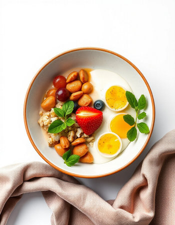 Breakfast with oatmeal, eggs, berries and nuts on a white backgroundの写真素材