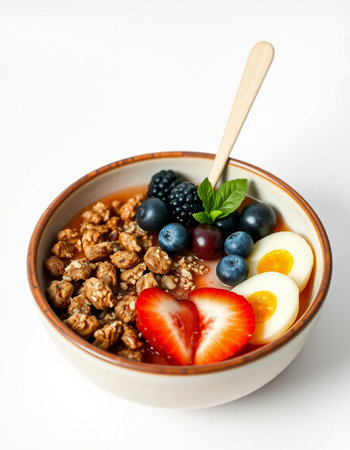 bowl of granola with berries and egg isolated on white background, healthy breakfastの写真素材