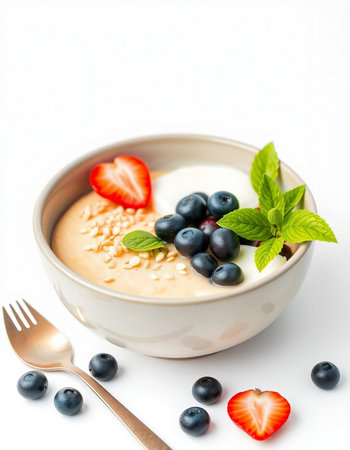 Healthy breakfast with oatmeal, blueberries and strawberries on white backgroundの写真素材