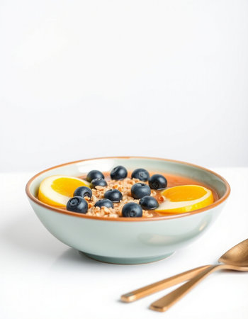 Healthy breakfast bowl with oatmeal, blueberries and orange on white backgroundの写真素材