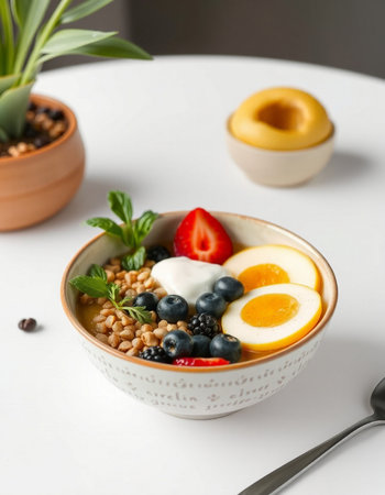 Healthy breakfast bowl with oatmeal and berries on white table, closeupの写真素材