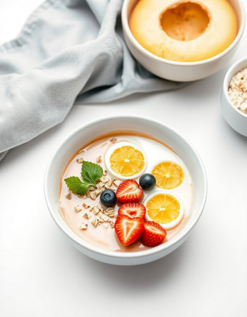 Healthy breakfast bowl with oatmeal, berries and yogurt on white backgroundの写真素材