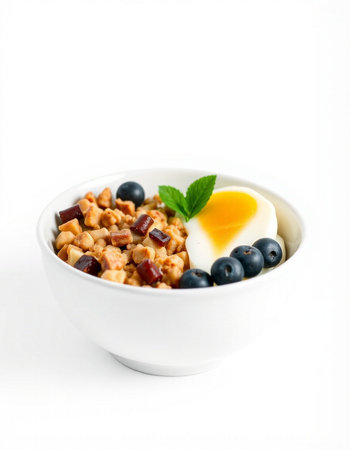 Bowl of granola with blueberry and egg on white backgroundの写真素材