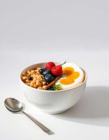 Bowl of oatmeal with berries and egg on a white backgroundの写真素材