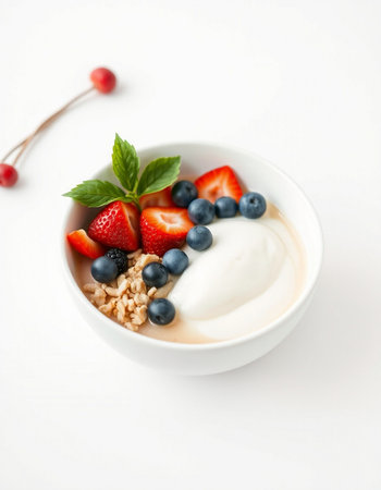 Bowl of oatmeal with yogurt and fresh berries on white backgroundの写真素材