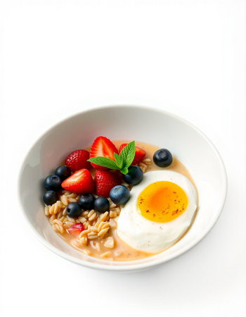 Oatmeal porridge with strawberry, blueberry and egg in white bowlの写真素材