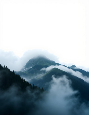 Mountain landscape with clouds and fog. Caucasus Mountains, Georgia.の写真素材