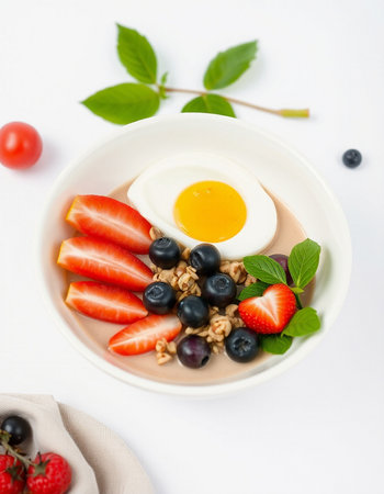 Healthy breakfast with oatmeal, berries and egg on white backgroundの写真素材