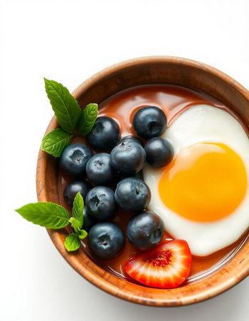 Fried egg in a bowl with blueberries and strawberries on a white backgroundの写真素材