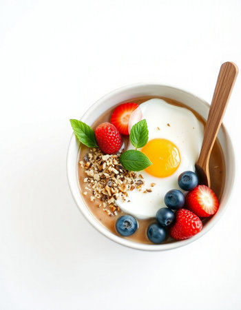 Granola and fresh berries on a white backgroundの写真素材