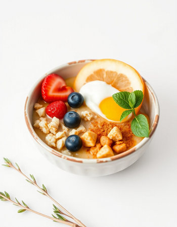Healthy breakfast bowl of oatmeal with berries, orange and eggの写真素材