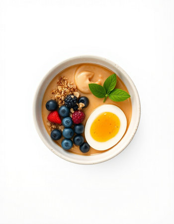 bowl of oatmeal with fresh berries and egg isolated on white backgroundの写真素材