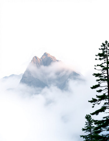 Mountain landscape with clouds and coniferous forest on the foregroundの写真素材