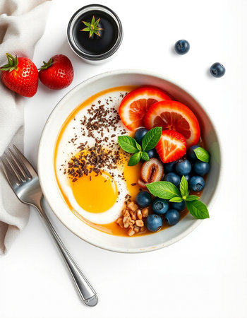 Healthy breakfast with omelet and berries on a white backgroundの写真素材