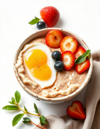 Healthy breakfast. Oatmeal porridge with strawberry, blueberry and egg on white backgroundの写真素材