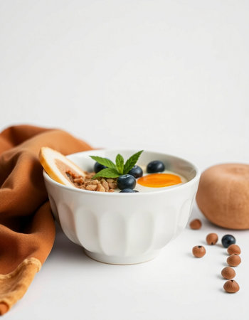 Healthy breakfast. Oatmeal porridge with blueberries and orange on white background.の写真素材