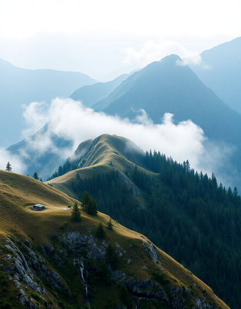 Foggy landscape in the mountains. Carpathians, Ukraine, Europeの写真素材