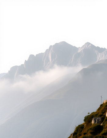 Mountain landscape with fog in the morning. Caucasus Mountains, Georgia.の写真素材