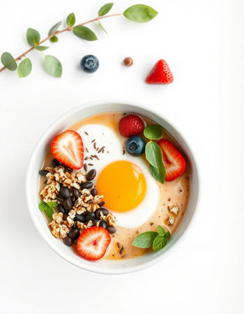 Healthy breakfast with oatmeal, berries and egg in a bowl on a white backgroundの写真素材