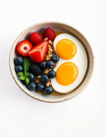 Breakfast with oatmeal, berries and egg on white background.の写真素材
