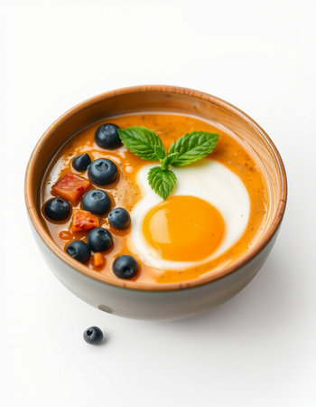 Tomato soup with blueberries and egg in bowl on white backgroundの写真素材