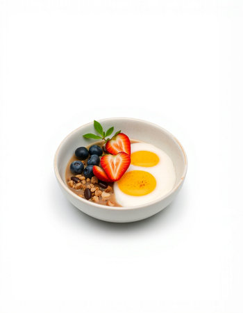 Healthy breakfast with oatmeal, berries and eggs on white backgroundの写真素材