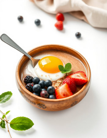 Healthy breakfast. Oatmeal porridge with fresh berries and fried egg in wooden bowl on white backgroundの写真素材