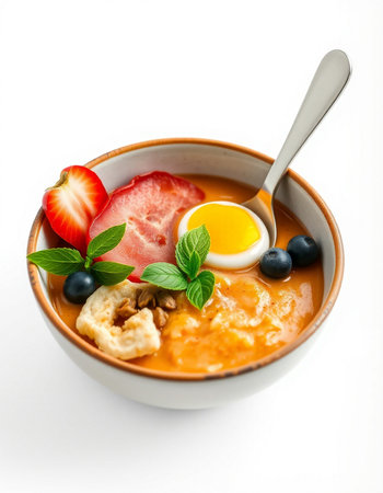 Bowl of oatmeal porridge with fresh berries and eggの写真素材