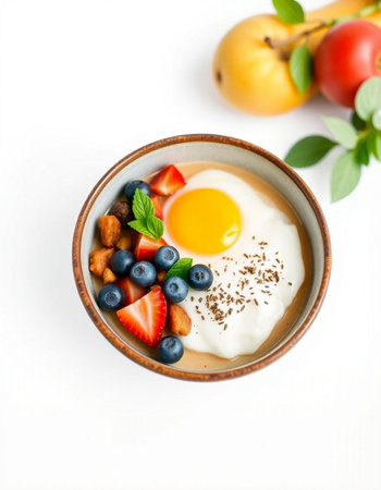 Healthy breakfast bowl with yoghurt, berries and fruits on white backgroundの写真素材