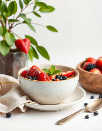 Healthy breakfast. Oatmeal porridge with fresh berries and mint in a bowl on a white background.の写真素材
