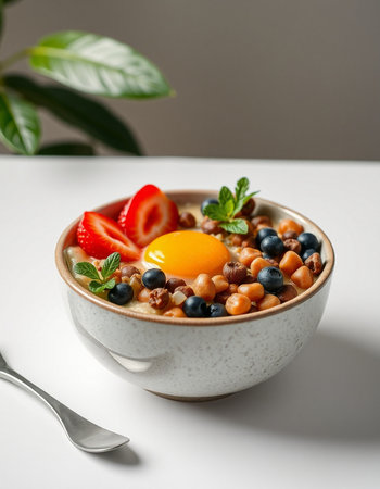 Bowl of oatmeal porridge with berriesの写真素材