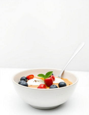 Yogurt with fresh berries in a bowl on a white background.の写真素材