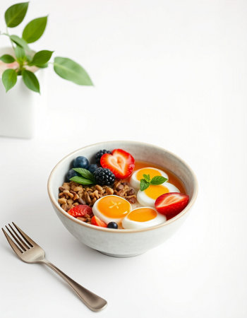 Healthy breakfast with granola, yogurt and berries on white backgroundの写真素材