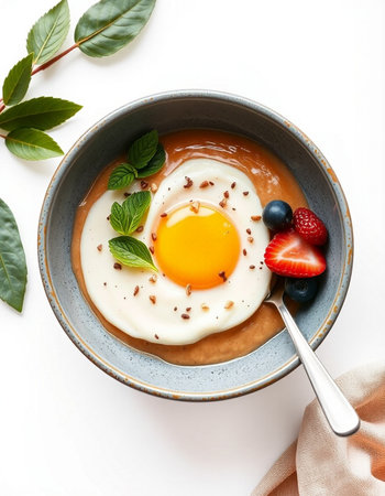 Healthy breakfast with egg in bowl on white background, top viewの写真素材