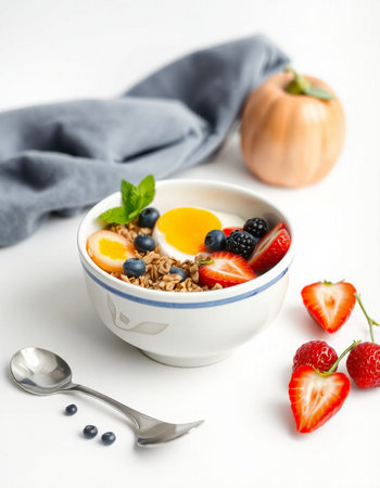 Healthy breakfast bowl with oatmeal, berries and eggs on white backgroundの写真素材