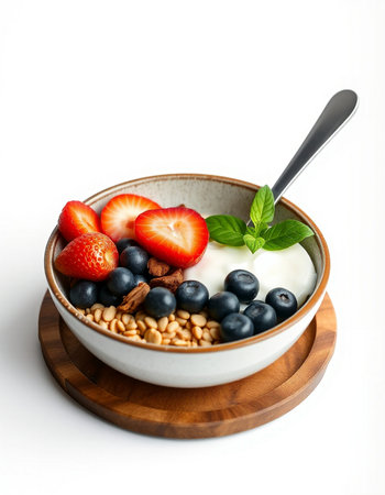 bowl of muesli with strawberries and blueberries isolated on white backgroundの写真素材