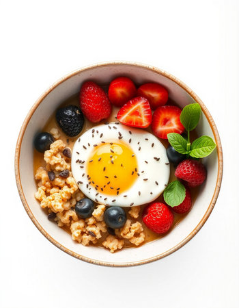 Bowl of oatmeal with fried egg and berries isolated on white backgroundの写真素材