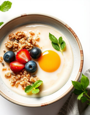 Bowl of oatmeal porridge with fresh berries and egg yolkの写真素材