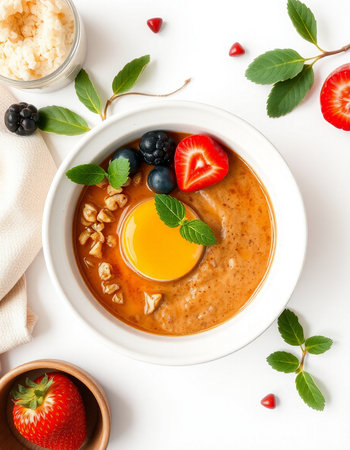 Bowl of oatmeal porridge with berries and egg yolkの写真素材