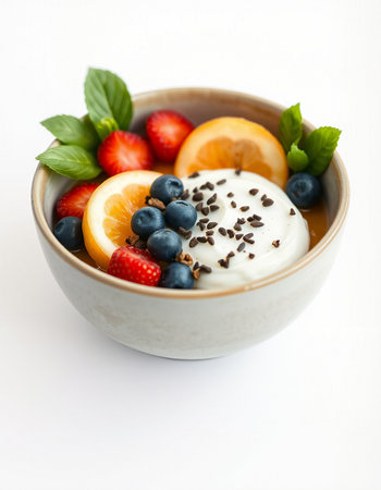 Healthy breakfast bowl with yogurt, fresh berries and chia seedsの写真素材